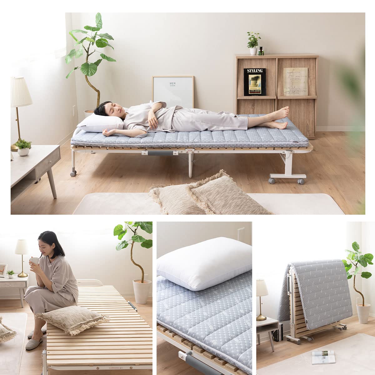 EMOOR Space-Saving Wooden Slatted Folding Bed Frame for Twin Size Futon - Sturdy Paulownia Design, No Box Spring Required EMOOR