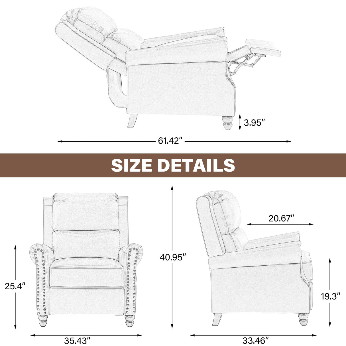 UIXE Pushback Recliner Chairs Set of 2, Fabric Armchair Push Back Accent Chair, Rivet Trim Club Chair Home Theater Overstuffed Single Sofa Reading Seat for Living Room, Stripe Blue UIXE
