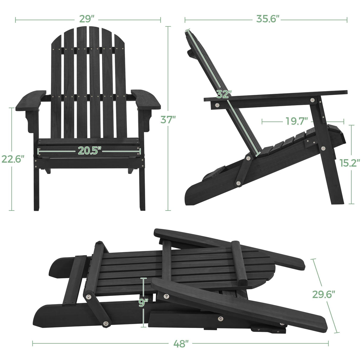 Yaheetech Folding Adirondack Chair Set of 6 Outdoor, 300LBS Solid Wood Garden Chair Weather Resistant, Fire Pit Lounge Chairs for Garden/Yard/Patio/Lawn, Black Yaheetech