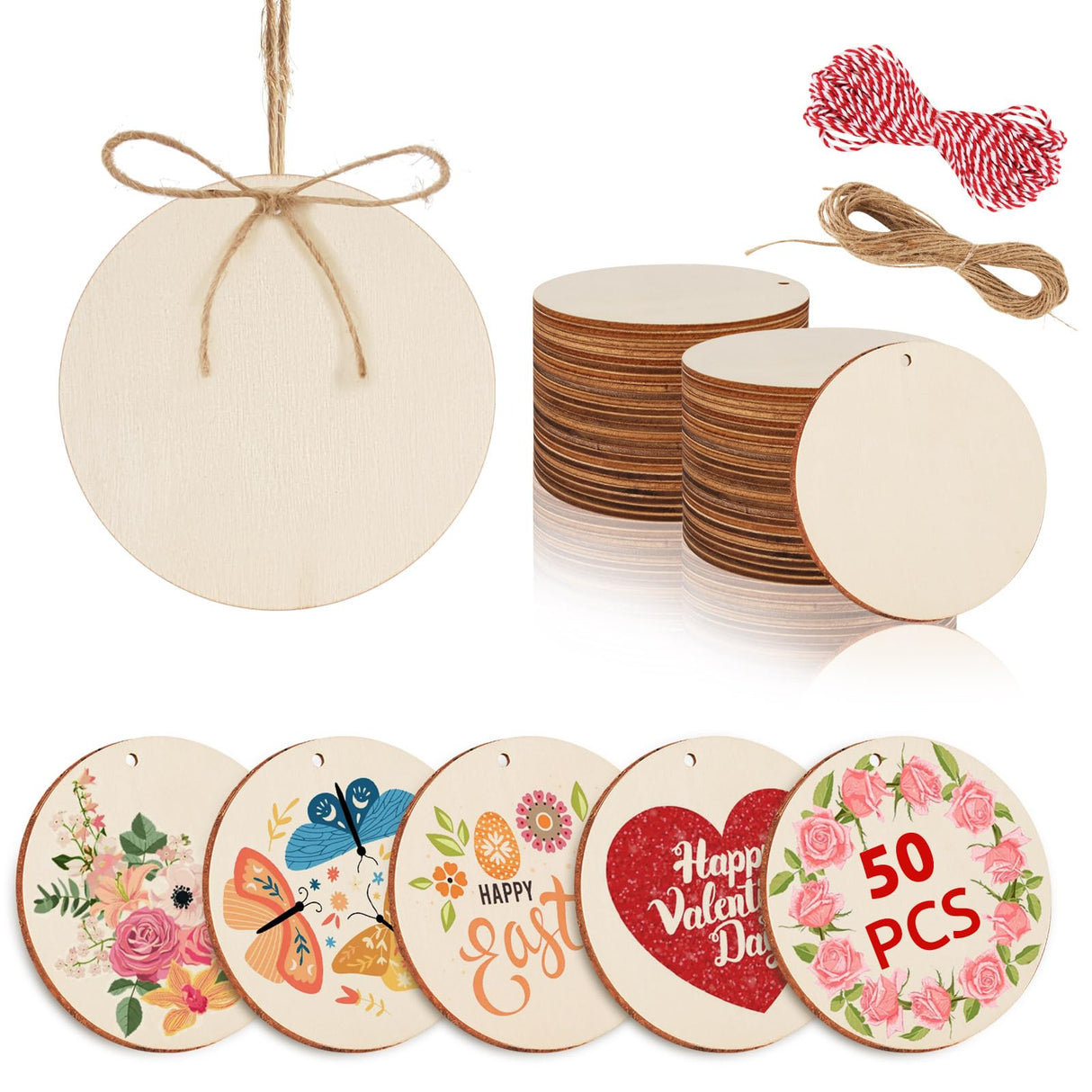 Philorn 50pcs Wooden Ornaments for Crafts 3.5" Unfinished DIY Wooden Christmas Ornaments, Predrilled Wood Slices Circles for Crafts Paint Holiday Hanging Decorations (50pc Rounds) PHILORN