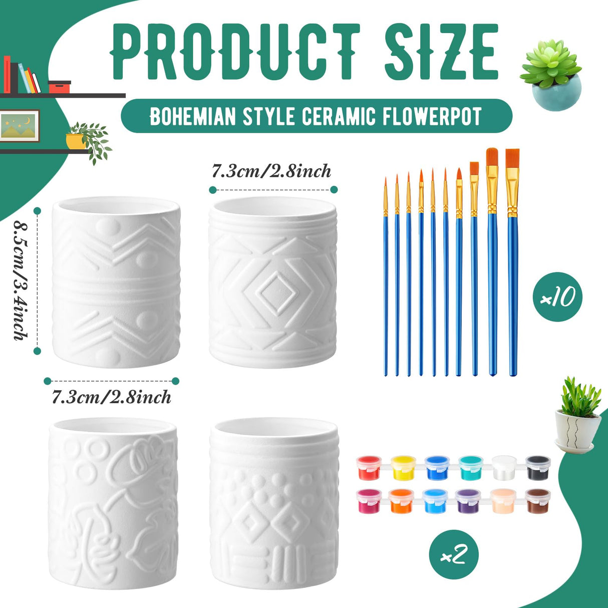 SiliFine Set of 11 Paint Your Own Kit DIY Flower Pot Painting Includes 8 Pcs Unpainted Ceramic Succulent Planters 2 Pcs Color Paints 1 Set Paint Brushes for Classroom Craft Activity (Bohemian) SiliFine