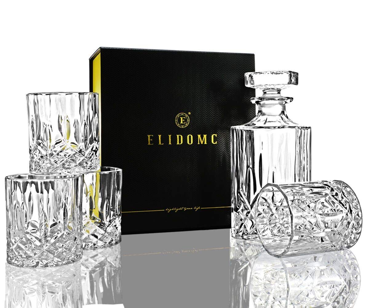 ELIDOMC 5PC Italian Crafted Crystal Whiskey Decanter & Whiskey Glasses Set, Crystal Decanter Set With 4 Whiskey Glasses, Whiskey Decanter Sets for Men. E