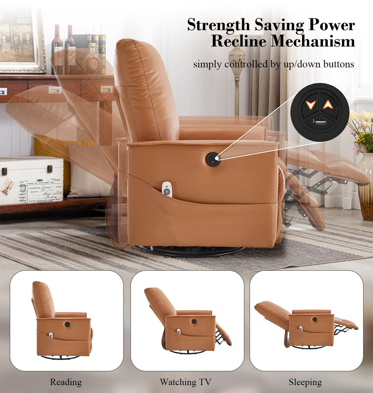 Power Swivel Recliner Chair with Massage Heat USB Port, Extra Wide Lay Flat Recliners Massaging Chair, Oversized Electric Leather Recliner Chair for Adults, Orange KCQ