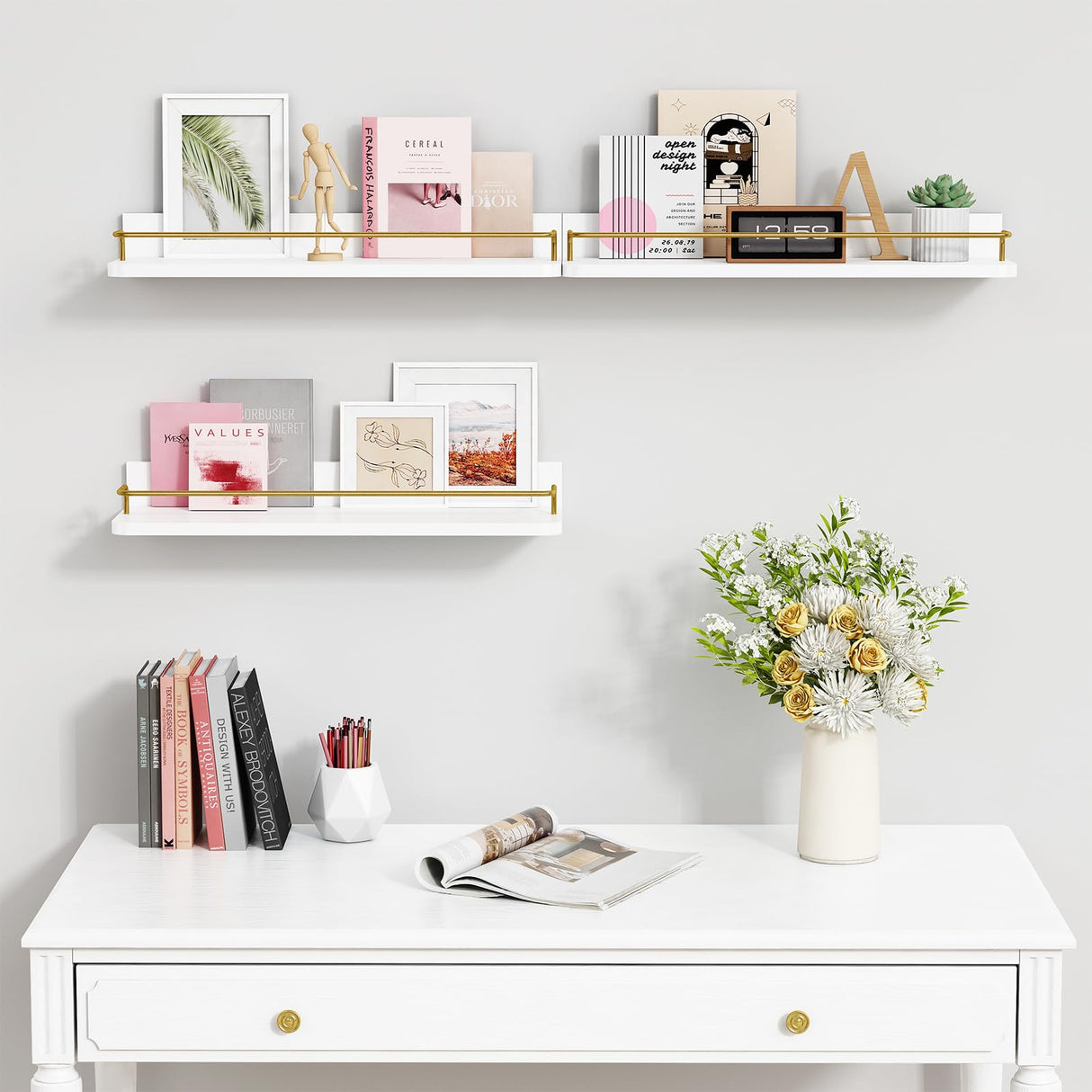 Forbena Gold Floating Shelves for Wall Decor Set of 3, Bathroom Shelves Over Toilet, Modern Display Wall Shelf with Guard Rail for Living Room Bedroom Organizers and Storage - White and Gold Forbena