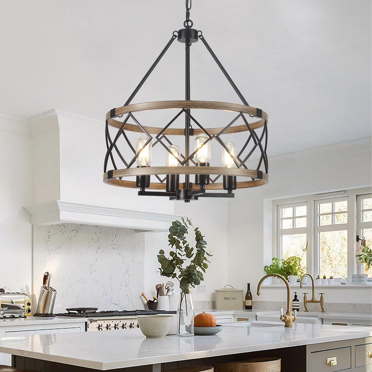Farmhouse Chandelier for Dining Room 4-Light Rustic Chandeliers Imitation Wood Grain Pendant Light Fixture Modern Industrial Chandelier for Kitchen Island Entryway Foyer Bedroom Hallway,E26 Metal TCWGAUI