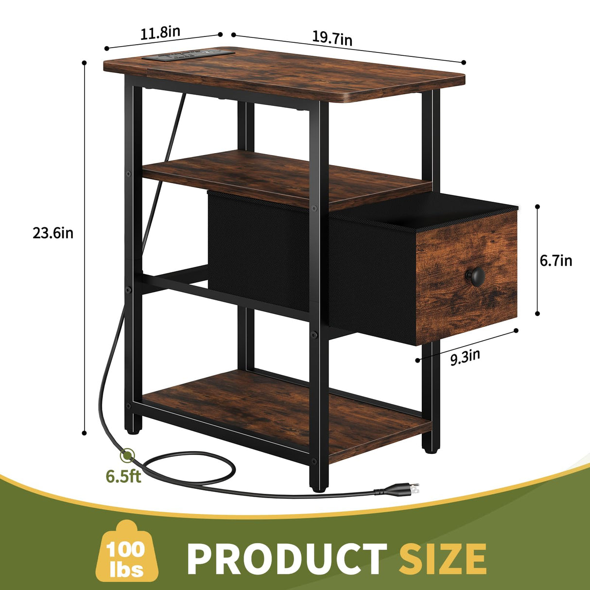 Yoobure End Table with Charging Station, Narrow Side Table with Adjustable Fabric Drawer, 3-Tier End Tables Living Room, Small Nightstand with Outlets, LED Skinny Night Stand for Bedroom Small Spaces Yoobure