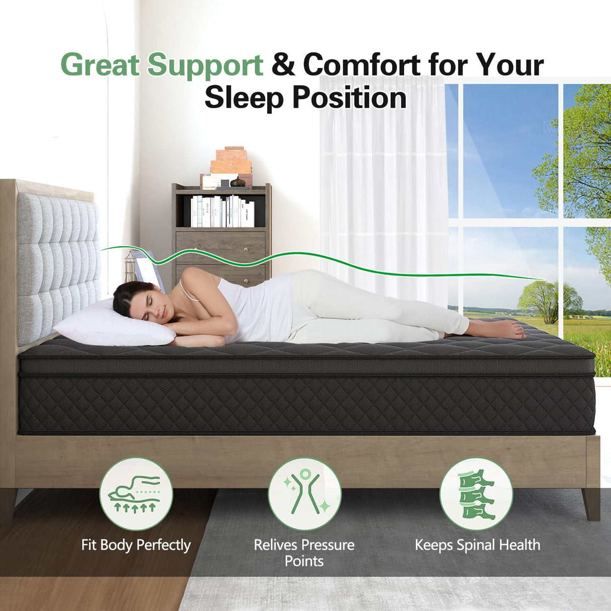 VISCOUNTESS Queen Mattress, 14 Inch Hybrid Mattress Black, Euro Top Mattress Medium Firm for Back & Lumbar Support, 100 Night Trial, Individual Pocket Spring Bed for Motion Isolation & Pressure Relief VISCOUNTESS