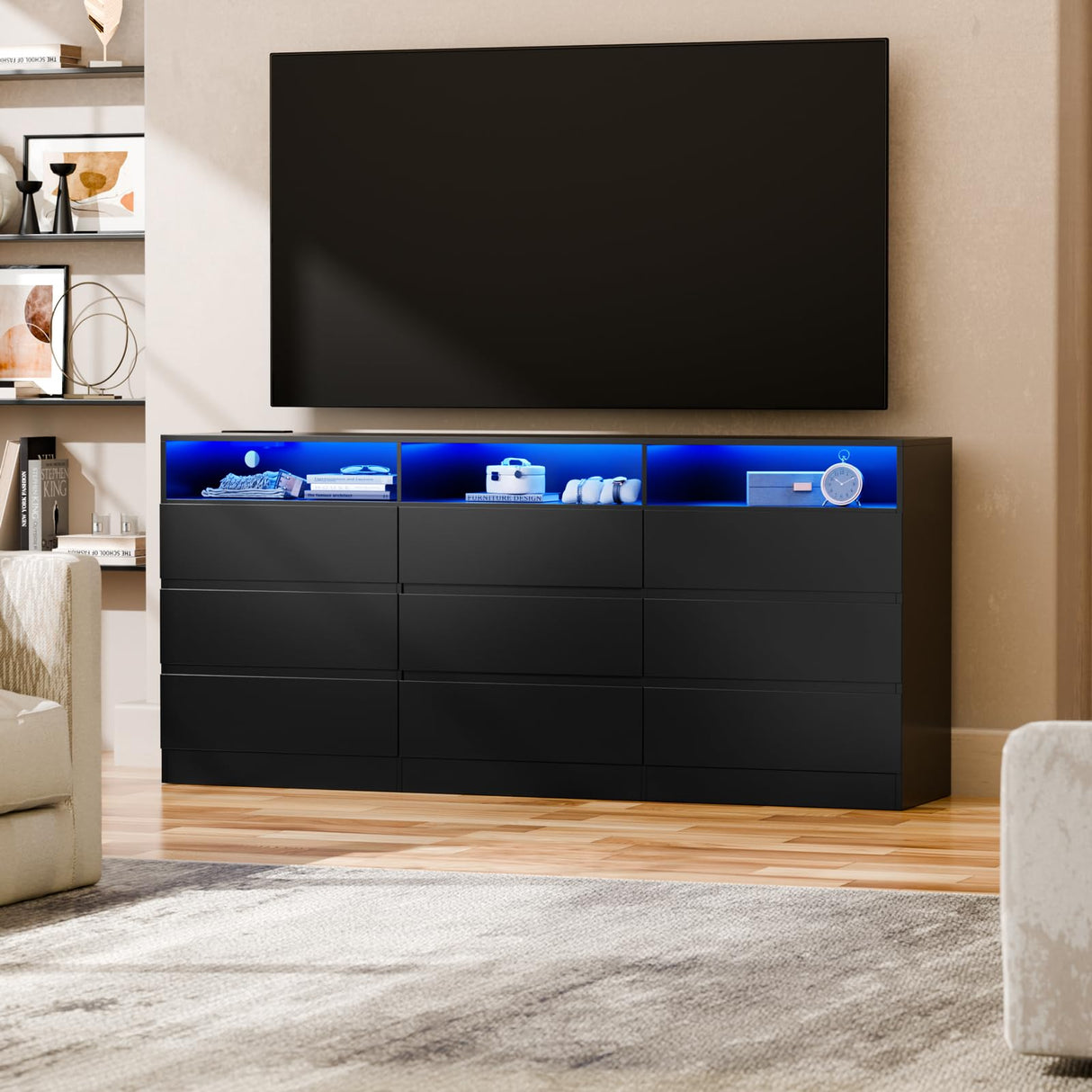 STIKELY 9 Drawer Dresser for Bedroom with Power Outlet and LED Light, Black Dresser Chest of Drawers for Closet, Modern Dressers Organizer Cabinet for Living Room, Entryway, Hallway STIKELY