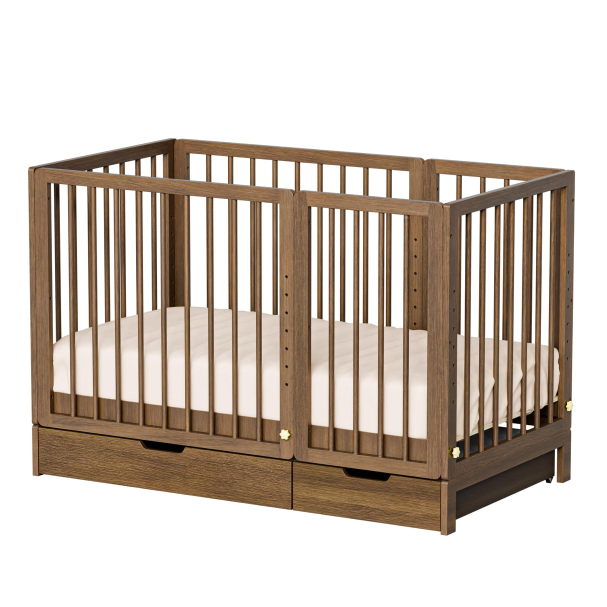 JOYMOR 8-in-1 Convertible Crib with Drawer, Include 2" Mattress, Convert from Mini Crib, Mid Crib to Full Crib, 8 Height Adjustable, Undercrib Storage Drawers (Honey Wood) JOYMOR