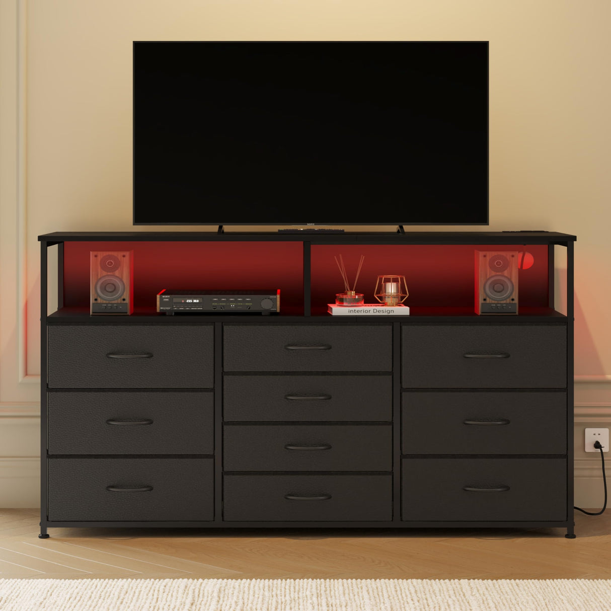 Unionly 55W 10-Drawers Dresser with 2 Open Storage Shelves, TV Stand Dresser for 55,65 inch TV,with Power Outlets and LED Lights, Fabric Dressers Drawers for Bedroom, Living Room (Black) Unionly