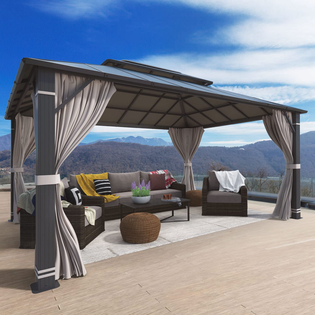 YOLENY 12' x 16' Hardtop Gazebo, Permanent Outdoor Aluminum Patio Gazebo with Aluminum Composite Double Roof for Patio Lawn and Garden, Curtains and Netting Included YOLENY