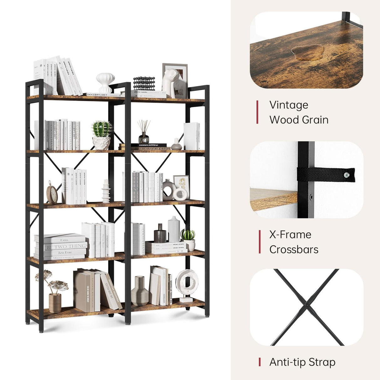 oneinmil Bookshelf 5 Tier, 58.7'' Industrial Book Shelf, Wooden Bookshelves with 10 Open Display Shelves, Vintage Storage Rack, Standing Wide Bookcase for Home and Office, Rustic Brown oneinmil