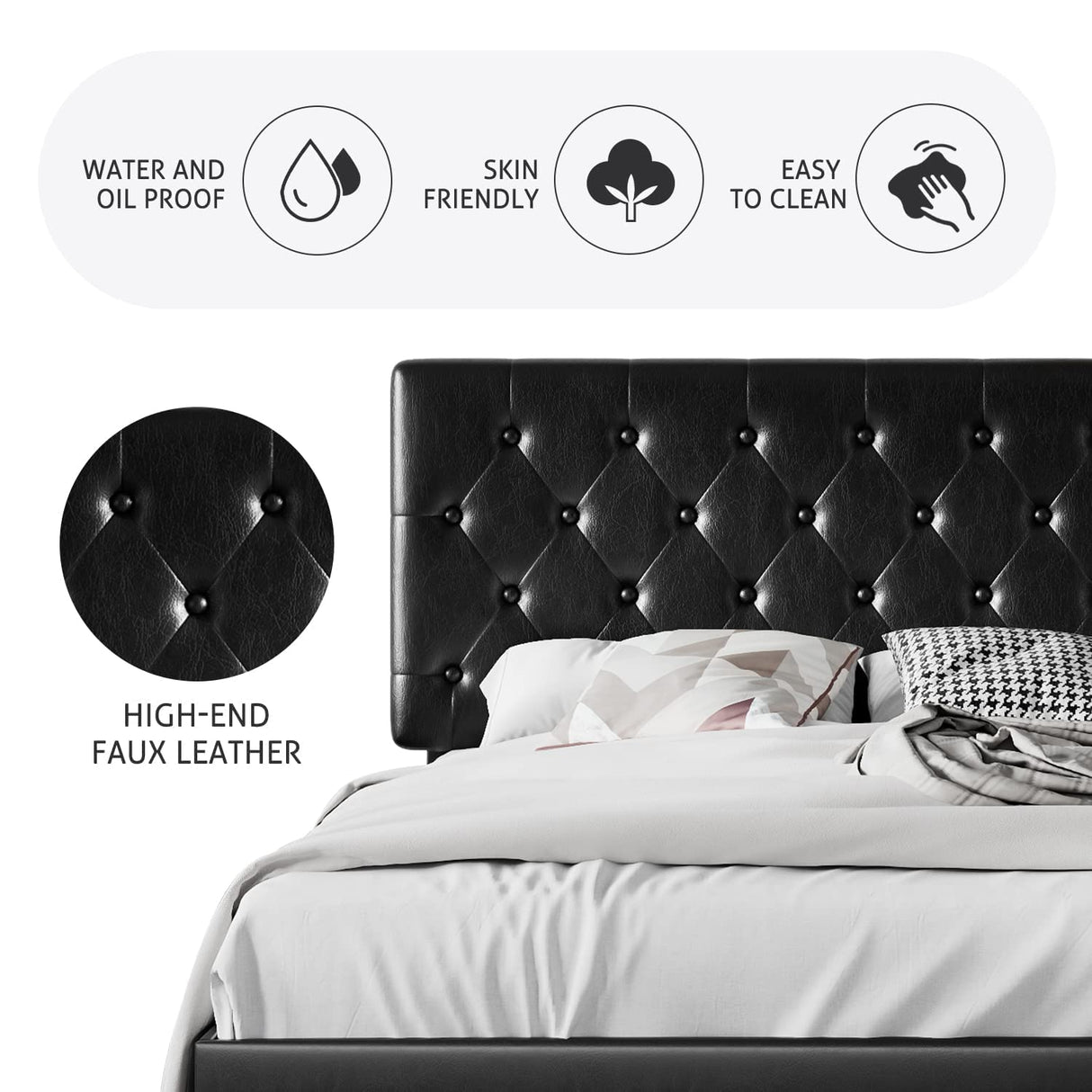 SHA CERLIN Full Size Platform Bed Frame with Button Tufted Headboard, Faux Leather Upholstered Mattress Foundation, Wooden Slat Support, No Box Spring Needed, Black SHA CERLIN