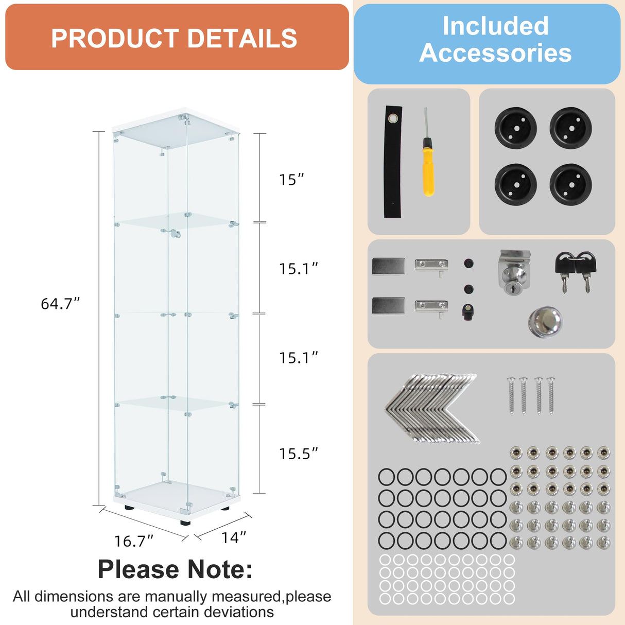 FANYUSHOW Curio Cabinets with Glass Doors, Display Case Shelf for Collectibles, 4 Shelves Glass Display Cabinet for Living Room, Home, 64.7" H x 16.7" L x 14" W White FANYUSHOW
