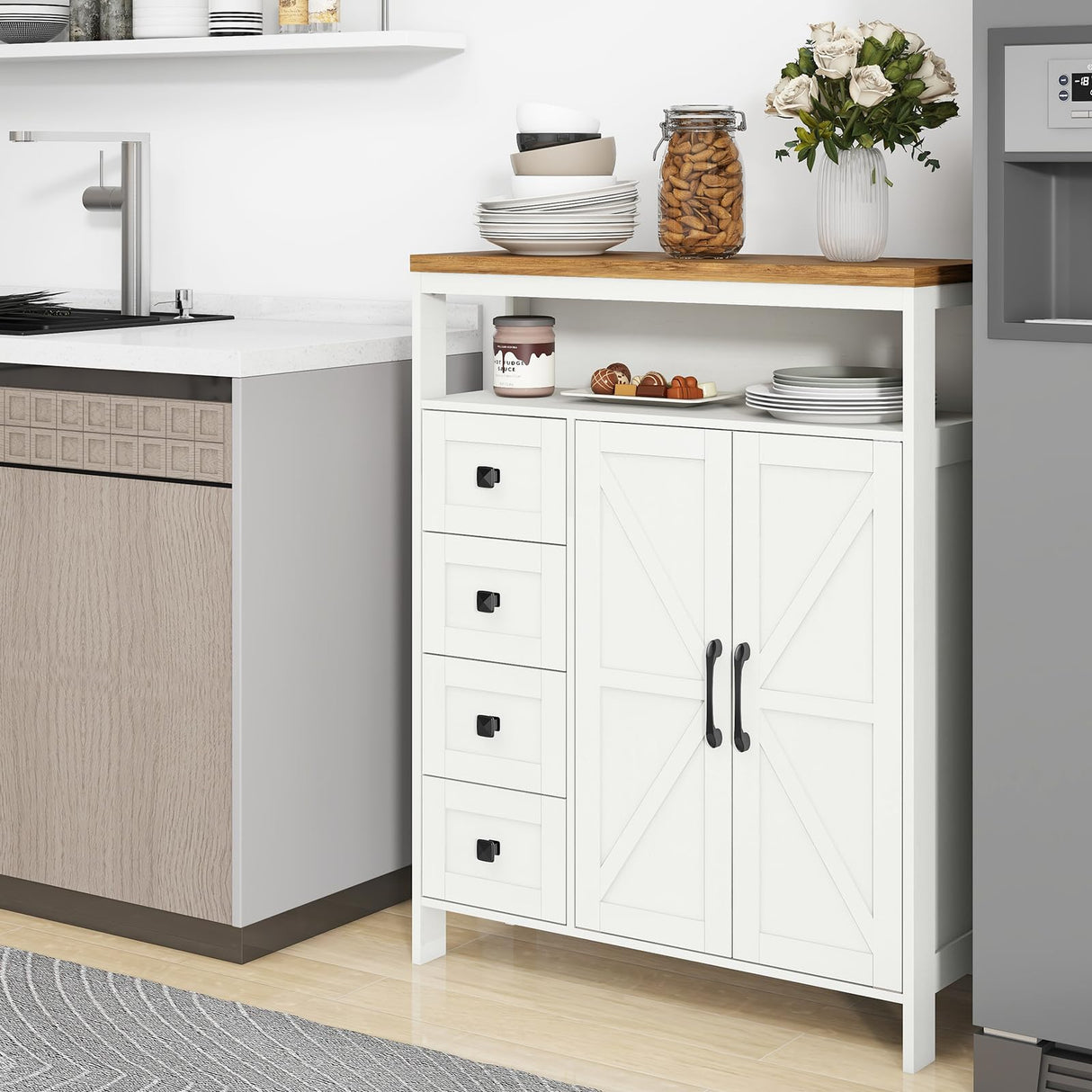 Halitaa Farmhouse Storage Cabinet with 2 Doors and 4 Drawers – Stylish Freestanding Unit for Bathroom, Kitchen, and Living Room Halitaa