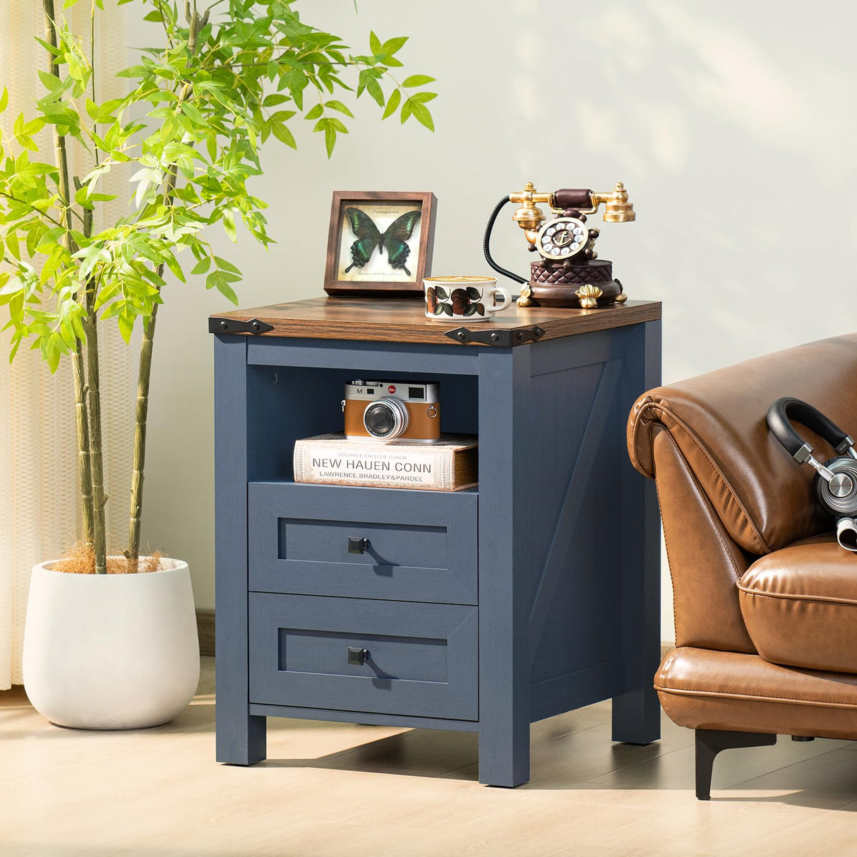 Joaxswe Nightstand with Charging Station, Farmhouse Night Stand with 2 Drawers and Shelf Storage, Blue Wooden Side End Table, Bedside Cabinet for Bedroom, Living Room, Closet,Office Joaxswe