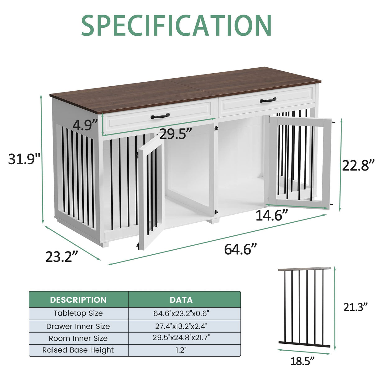 DAWNSPACES Furniture Style Dog Crate, 64.6 Inch Wooden Large Dog Kennel with Drawers & Divider, Indoor Dog House Furniture with Double Rooms for Medium Small Dogs, White DAWNSPACES