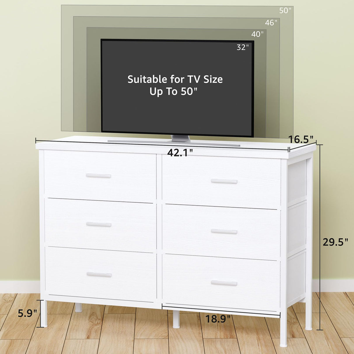 BOLUO White Dresser for Bedroom 6 Drawer,Wide Dresser TV Stand for 50" TV Dressers & Chests of Drawers Fabric Dresser for Closet Modern BOLUO