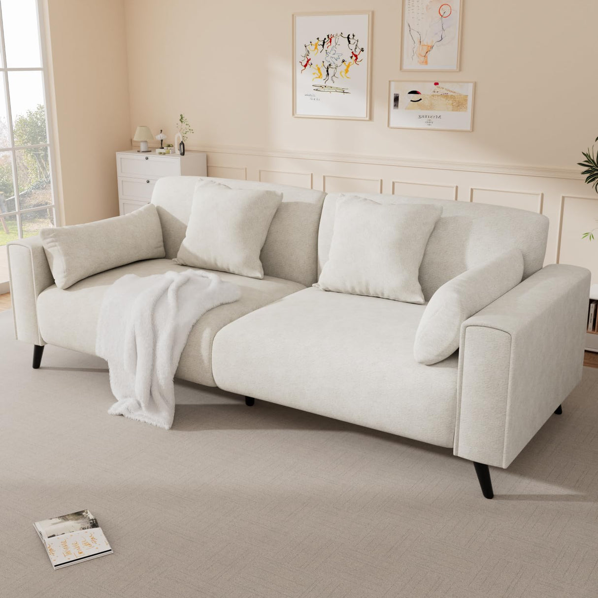 VOHOBY 82" Sofa Couch for Living Room, Modern Comfy Sofa with Extra Depth Seat and 2 Throw Pillow | 2 Armrest Pillow, 3 Seater Chenille Couches for Living Room Small Space, White VOHOBY