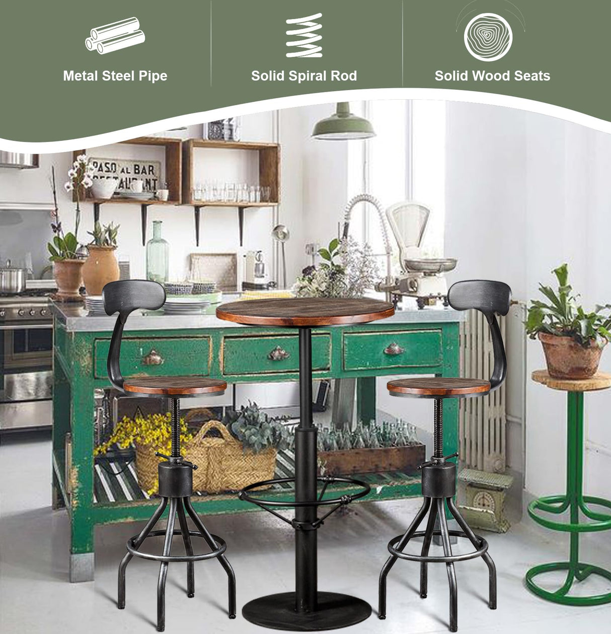 LOKKHAN Set of 2 Rustic Industrial Bar Stool-24-30 Tall Adjustable Metal Swivel Wooden Top Barstools-Counter Height Bar Height-Vintage Farmhouse Kitchen Breakfast Cafe Stool-with Backrest LOKKHAN