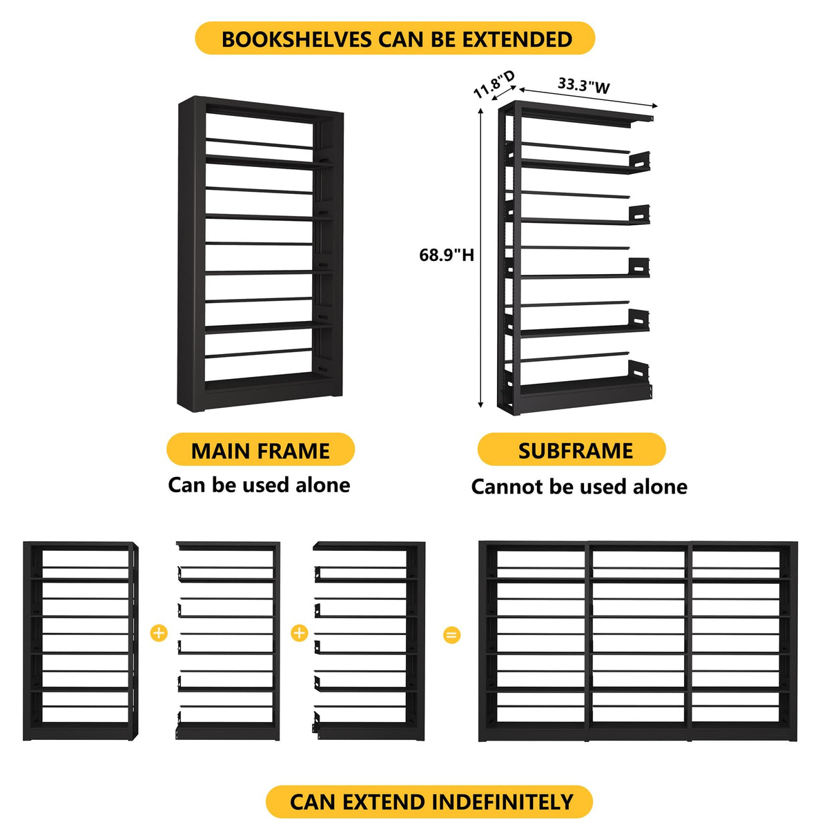 Metal Bookshelf,69" Tall Wide Industrial Bookshelf,5-Tier Sturdy Bookcase with Adjustable Shelves,Heavy Duty Strong open bookshelf,Black Bookcase with 6 Shelves for Office, Living Room, Library ZONLESON