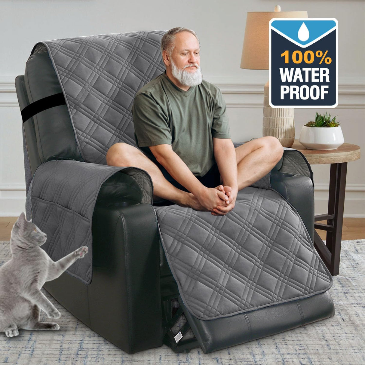 H.VERSAILTEX 100% Waterproof Recliner Chair Cover Nonslip Recliner Cover Stay in Place Electric Power Lift Recliner Slipcovers Fitted Standard Large Power Lift Recliner with Side Pocket,Grey/Beige H.VERSAILTEX