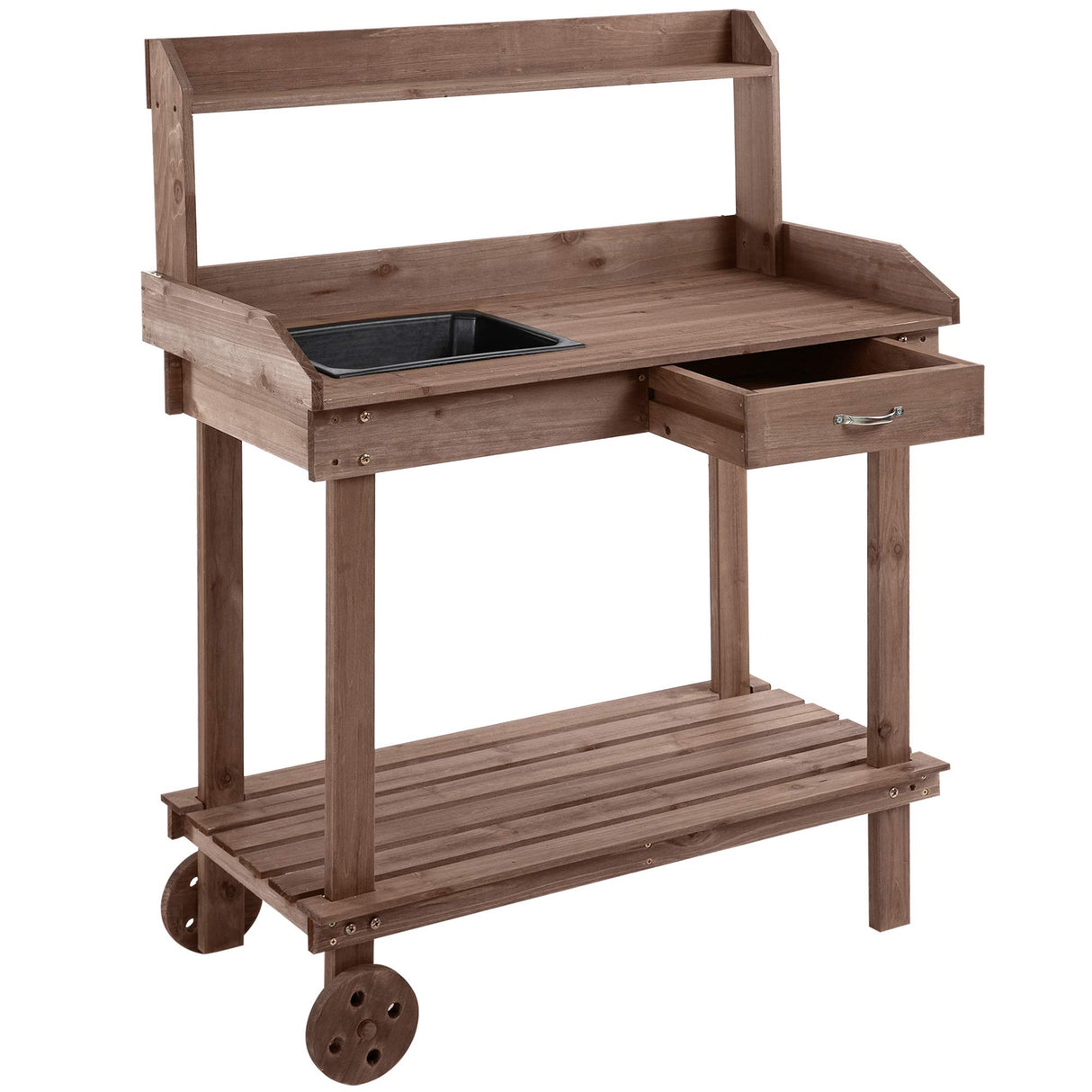 Outsunny 36'' Wooden Potting Bench Work Table with 2 Removable Wheels, Sink, Drawer & Large Storage Spaces, Brown Outsunny
