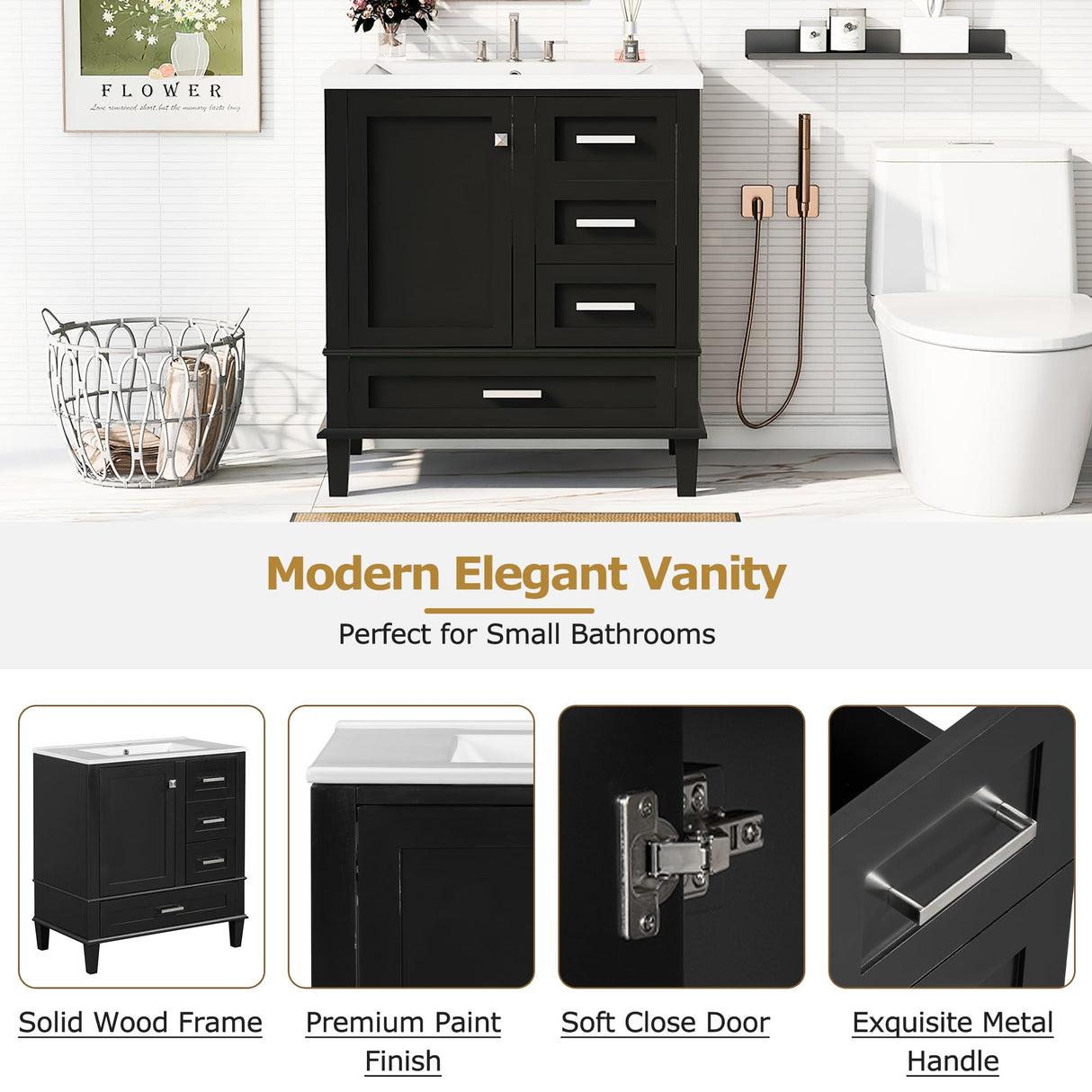 30" Bathroom Vanity with Sink, 30 Inch Bathroom Vanity with Top, 3 Drawers and 1 Soft Closing Door, Modern Bathroom Vanity with Sink 30 Inch for Bathroom (Black) Mirightone