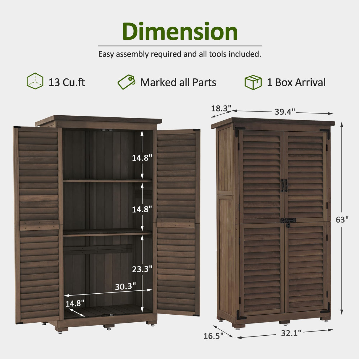 MCombo Outdoor Storage Cabinet, Garden Storage Shed, Outside Vertical Shed with Lockers, Outdoor 63 Inches Wood Tall Cabinet for Yard and Patio 0870 (Brown) MCombo