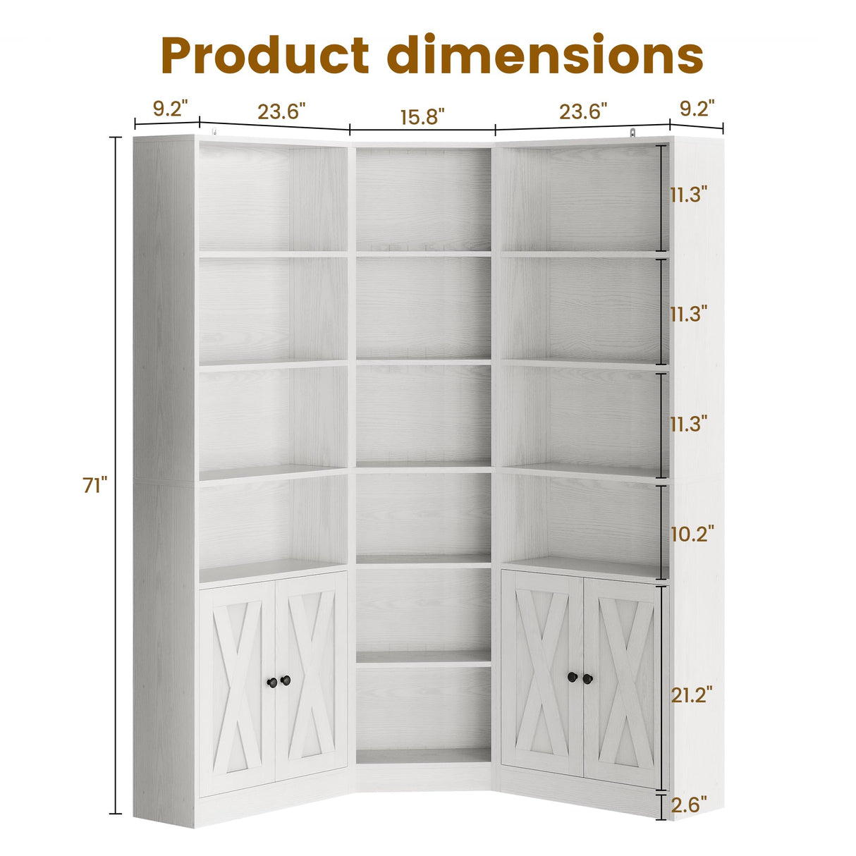 ANCTOR Large Corner Bookcase with 2 Storage Cabinets and 18 Shelves, 7 Tiers L Shaped Wood Bookshelf, 71" Tall Corner Hutch for Living Room, Bedroom, White ANCTOR