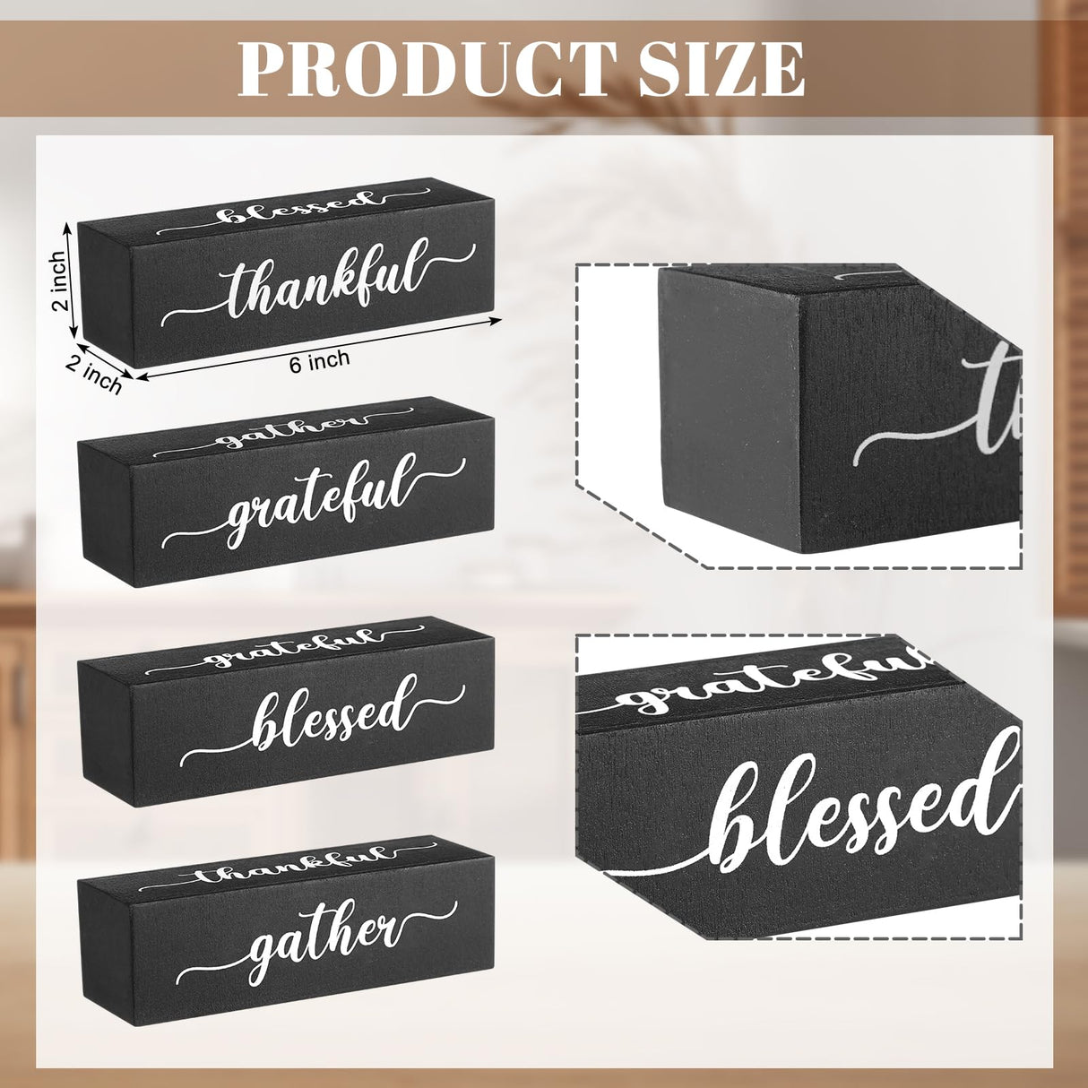 Jetec Four Sided Inspirational Block Sign Rustic Wooden Blessed Gather Thankful Grateful Sign Tabletop Block Decor for Office Home Farmhouse Tabletop, Bookshelf, Tiered Tray Decor (Black) Jetec