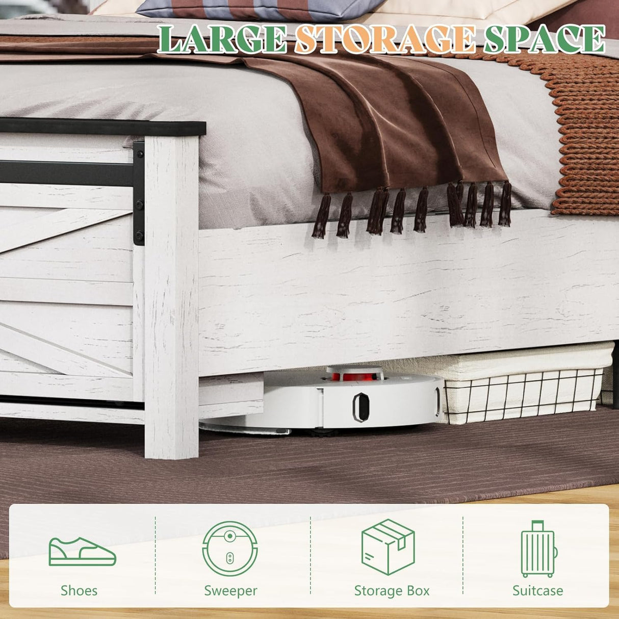 AMERLIFE 48.8" Farmhouse Wood Bed Frame Queen Size with Sliding Barn Door Storage Cabinets and Headboard, No Box Spring Needed, Solid Wood Slats Support,No Squeak,Antique White AMERLIFE