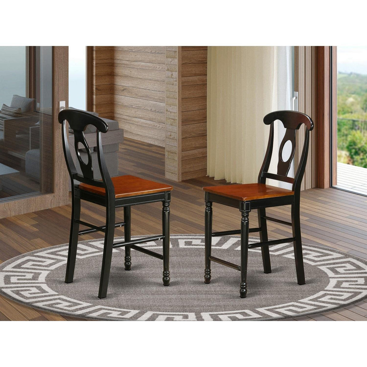 East West Furniture KES-BLK-W Kenley Counter Height Barstools - Napoleon Back Wood Seat Chairs, Set of 2, Black & Cherry East West Furniture