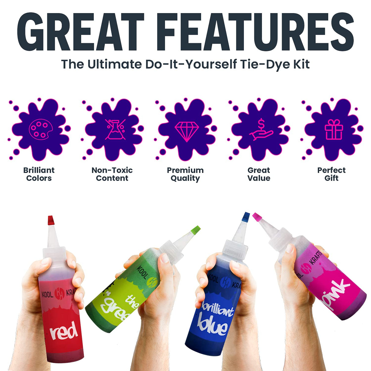 KOOL KRAFTS Tie Dye Kit, All-Inclusive with 12 Vibrant Colors, + 4 White T-Shirts - Perfect for Kids & Adults - Fun Tie Dye Party Supplies, Tie Dye Kits for Children Age 8-12, Tie Dye Kit. KOOL KRAFTS