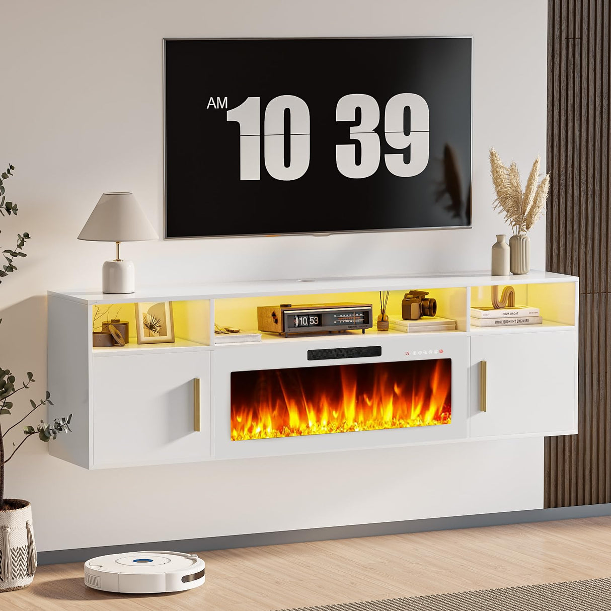 LEMBERI Floating Fireplace TV Stand 70'' Wall Mounted Shelf, LED Light Entertainment Center and Storage, Modern Wood Media TV Console with Highlight (White with White Fireplace) LEMBERI