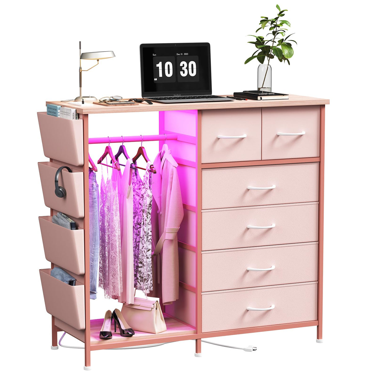 WODRAWER 6 Drawer Dresser for Bedroom with Clothes Rack, Clothes Dresser with Side Pockets and Hooks, Charging Station & LED Lights, Wooden Top, Fabric Storage (Pink) WODRAWER