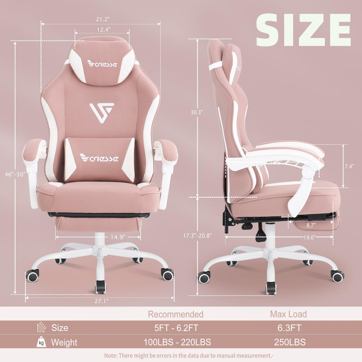 Vonesse Gaming Chair, Computer Chair Fabric with Pocket Spring Cushion, Office Chair with Footrest and Massage Lumbar Support, Reclining Gaming Chairs for Adults 250LBS (Pink) Vonesse