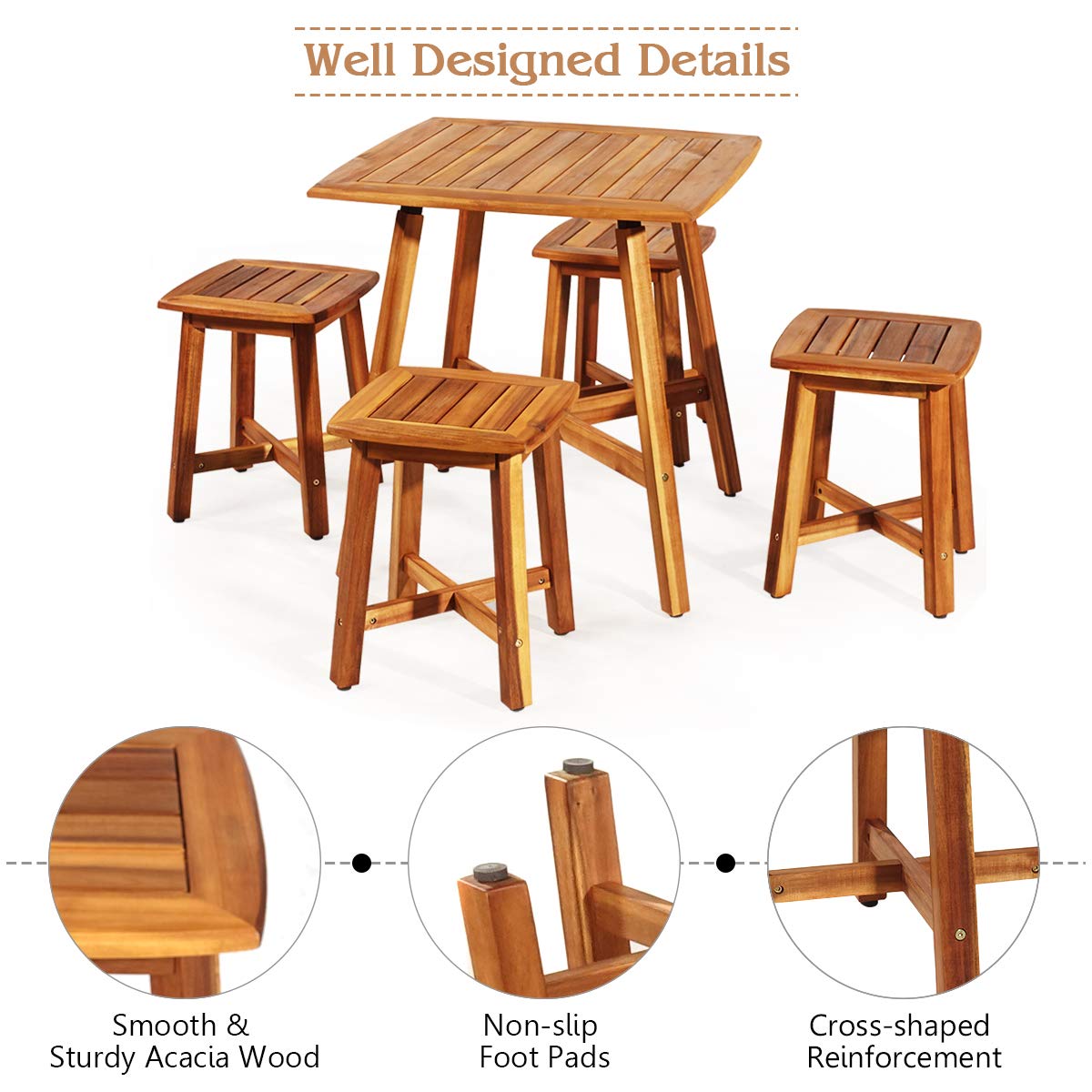 Tangkula 5 Piece Wood Patio Dining Set, Outdoor Dining Furniture w/Square Table & 4 Stools, Garden Conversation Dinging Set for Porch, Backyard, Balcony, Poolside, Reddish Brown Tangkula