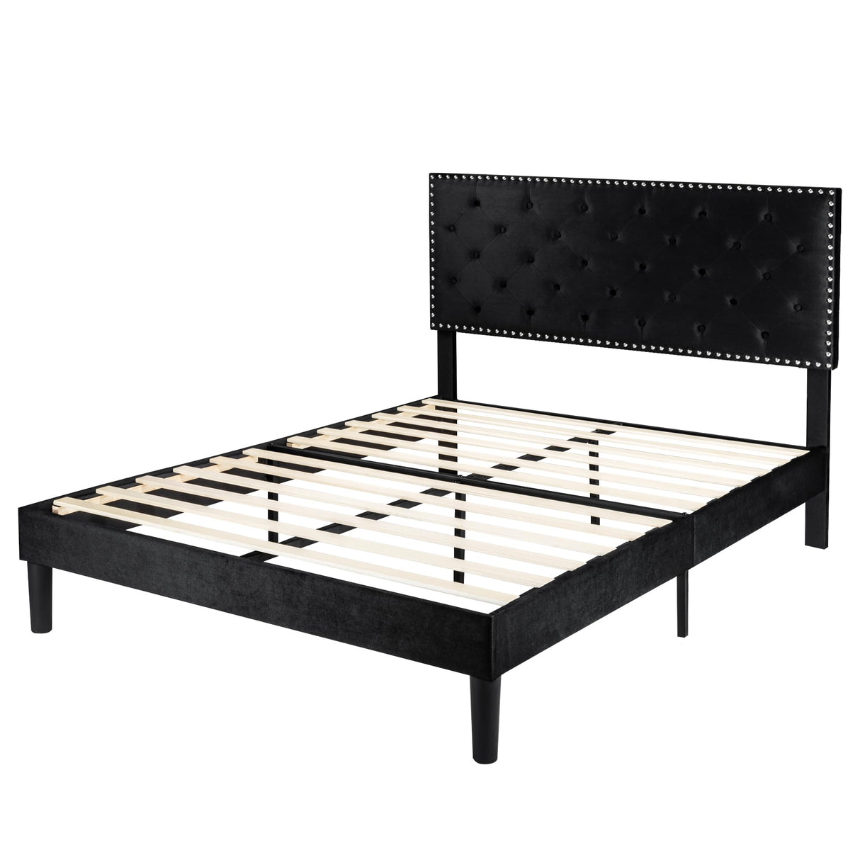 Allewie Full Size Bed Frame, Velvet Upholstered Platform Bed with Adjustable Diamond Button Tufted & Nailhead Trim Headboard, Wood Slat Support, Easy Assembly, No Box Spring Needed, Black Allewie