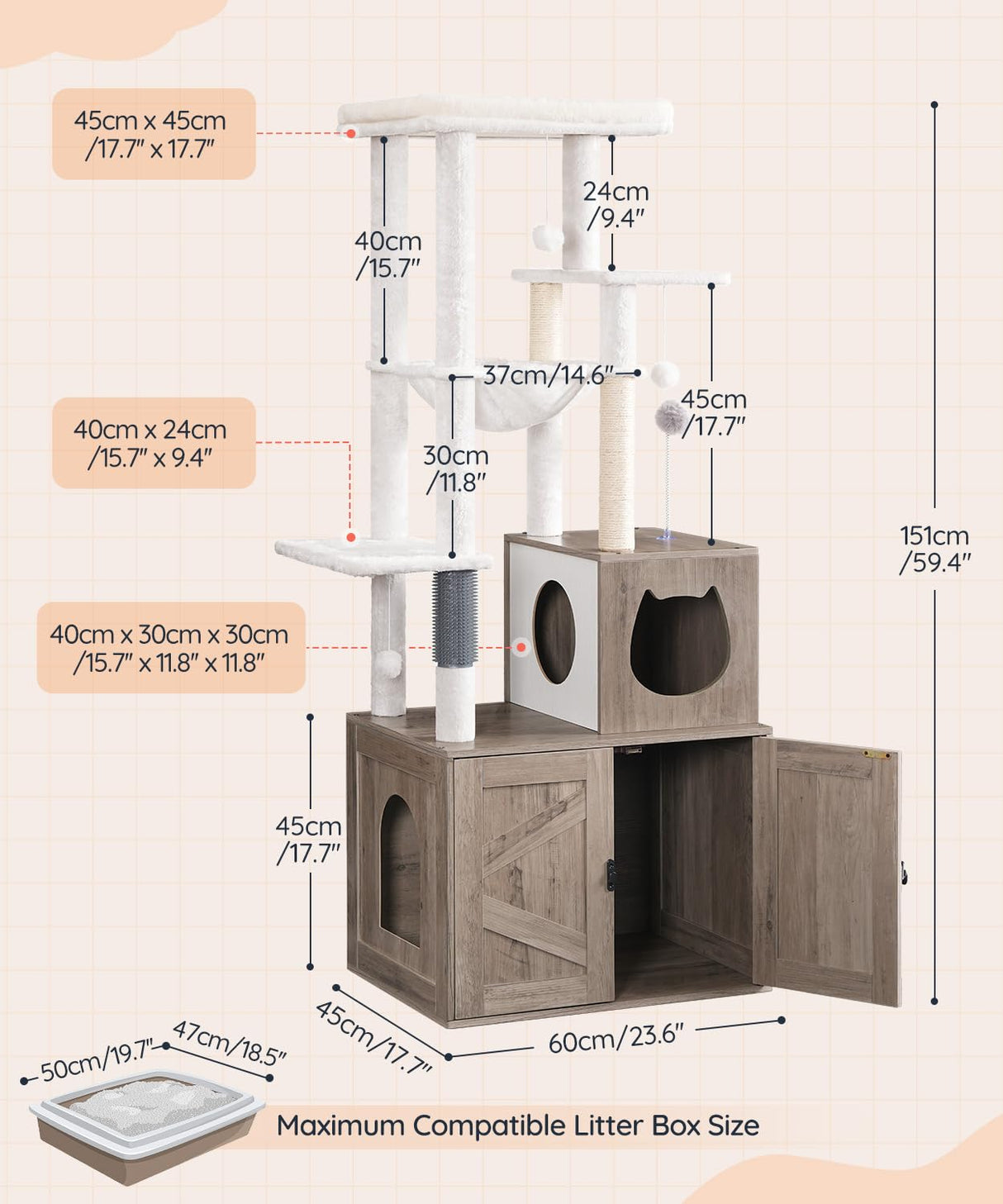 HOOBRO Cat Tree with Litter Box Enclosure, Tall Cat Tower for Indoor Cats, All-in-One Modern Cat Condo, Hidden Litter Box Enclosure Furniture, with Cat House, Sisal Posts, Greige and White BG51MZ03 HOOBRO