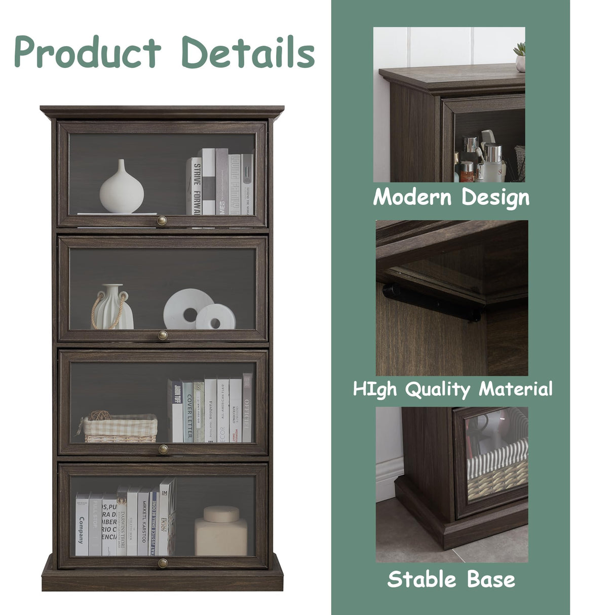 HIUU Brown Glass Display Curio Cabinet with Glass Doors,Brown Showcase Display Cabinet,Shelves with Flip-Up Glass Doors,Farmhouse Barrister Bookcase HIUU