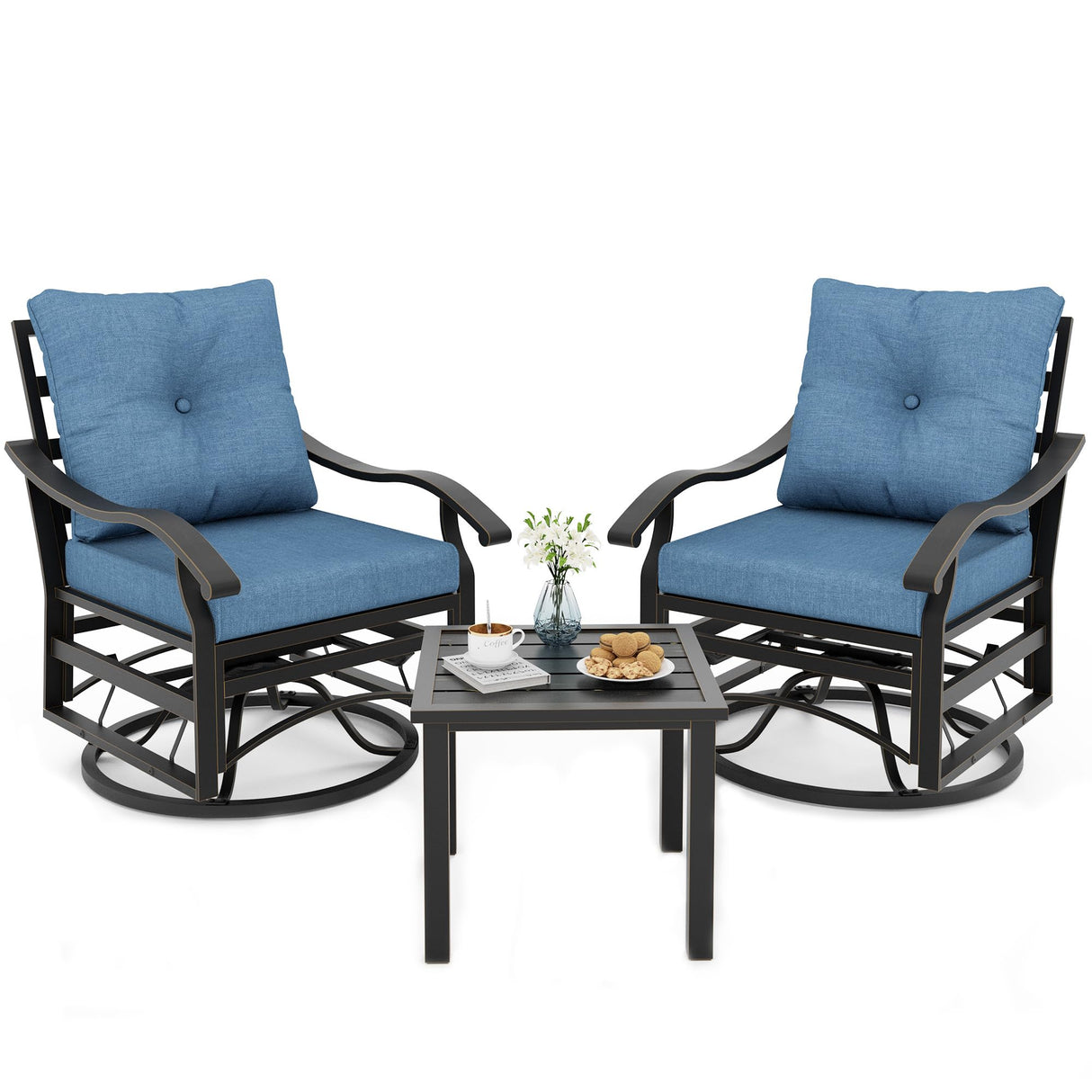 UDPATIO Outdoor Swivel Rocker Chairs, 3 Piece Metal Patio Rocking Chairs with Blue Padded Cushions Patio Bistro Furniture Set with Side Table for Porch Balcony Backyard, Blue UDPATIO