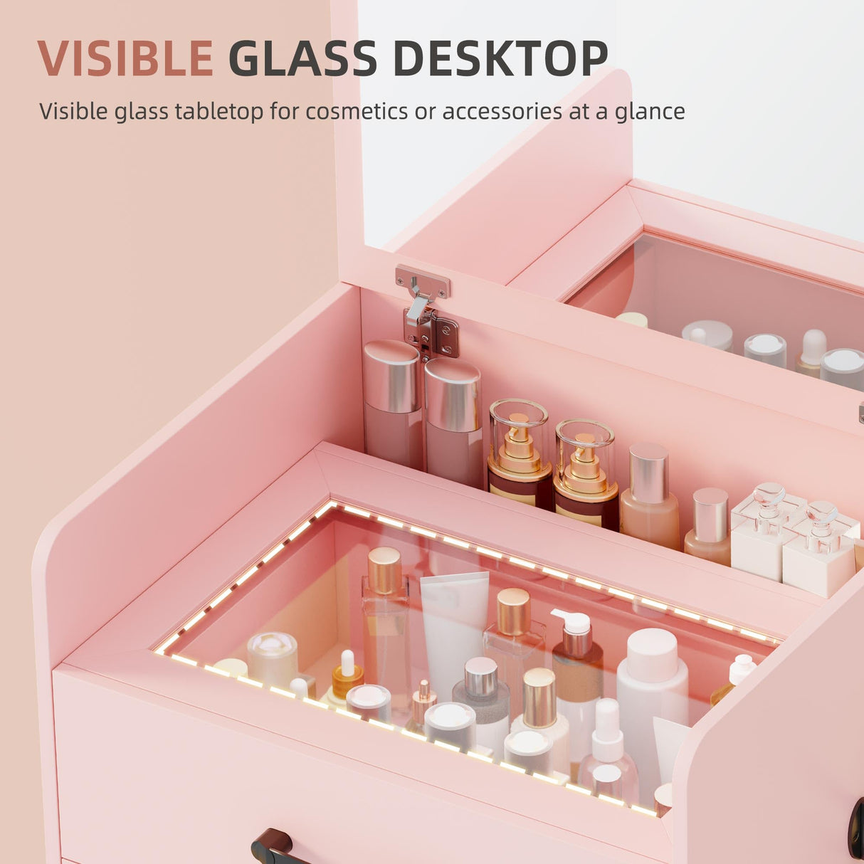 Gurexl 3 in 1 Pink Vanity Desk with Plip Top Mirror,Small Make Up Vanity Set with Visible Glass Desktop,Compact Makeup Vanity with 3 Drawers,Cushioned Tool,Dressing Table for Bedroom Gurexl