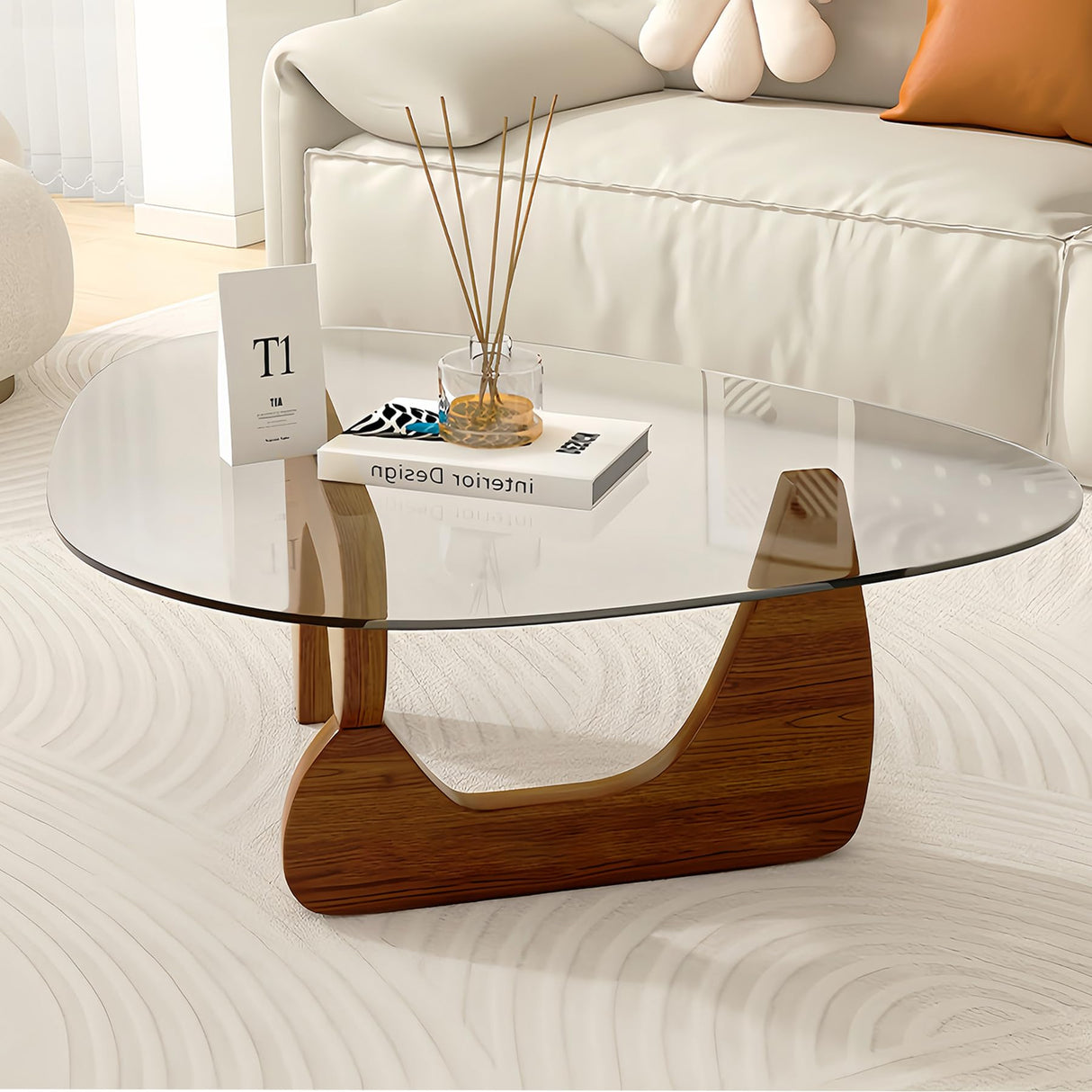 Modern Glass Coffee Table, 32.3″D×25.6″W×15.8″H-Abstract Unique Mid Century Triangle Center Table for Living Room, Minimalist Middle Tables for Home Office, Wooden Base DESYIFO