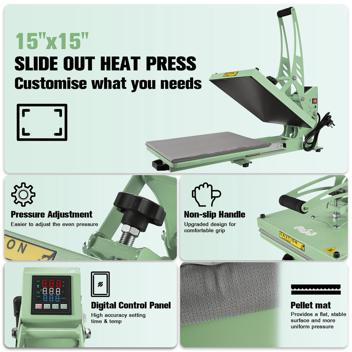 CoolSub Heat Press 15x15 Slide Out Heat Press Machine, Industrial Digital Heat Transfer Machine Sublimation for T-Shirt Green CoolSub