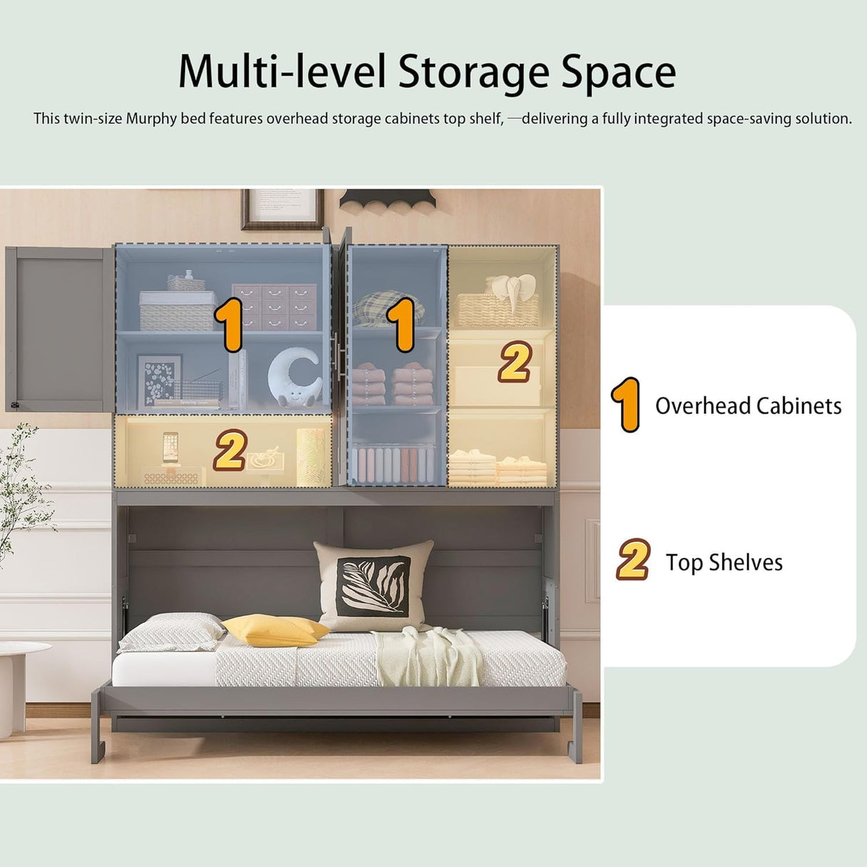 Twin Horizontal Murphy Bed with Storage Cabinet, LED Light and Charging Station,Wood Folding Murphy Wall Bed Cabinet with Bookcase and Shelves for Adult (Grey) MERITLINE