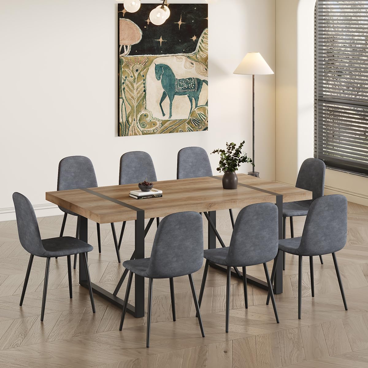 UELKS Dining Table Set for 8,9 Piece Dining Table Set,71'' Kitchen Table and Suede Nap Fabic Chairs Set of 8,for Kitchen Dining Room UELKS