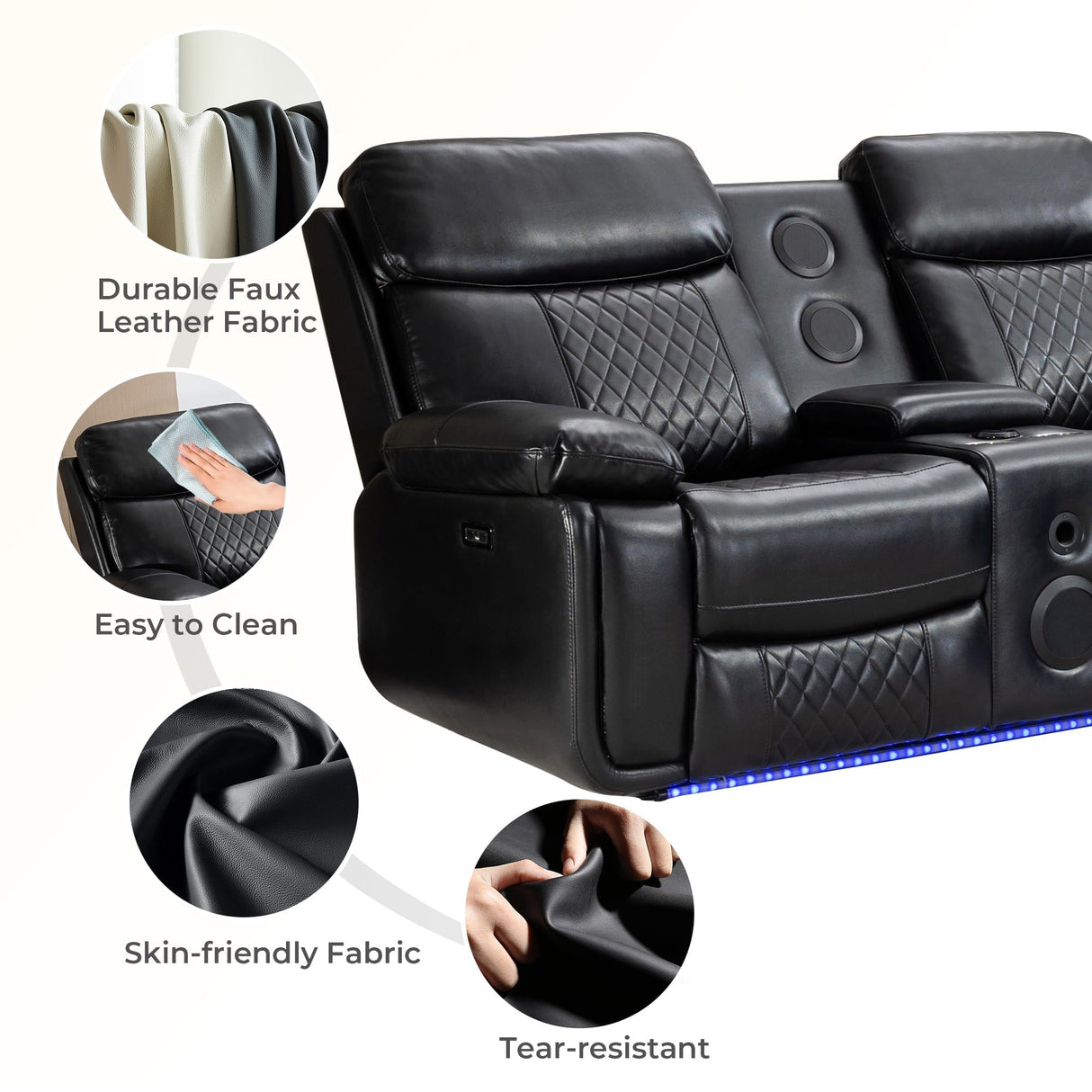 Power Recliner Sectional Sofa Wall Hugger with Bass Speakers,LED Strip,USB Ports,Storage Console,Cup Holders,Faux Leather Reclining Sectional Couch with 2 Recliners for Living Room,5 Seats,Black Comfort Stretch