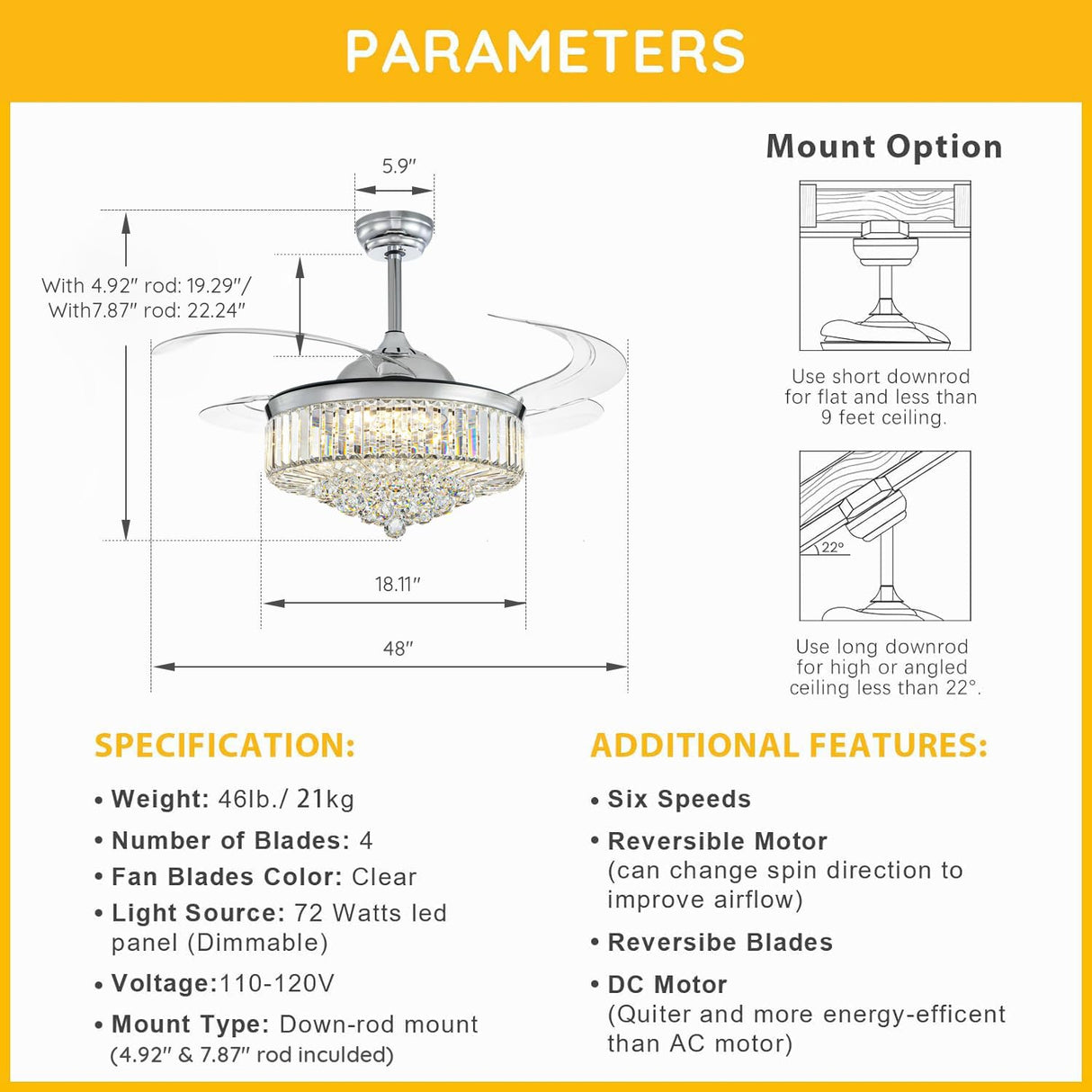 Moooni Modern 48 Inch Dimmable Crystal Fandelier, Retractable Blades Ceiling Fans with Light and Remote, Invisible LED Ceiling Fan Light Kit for Bedroom-Polished Chrome Moooni