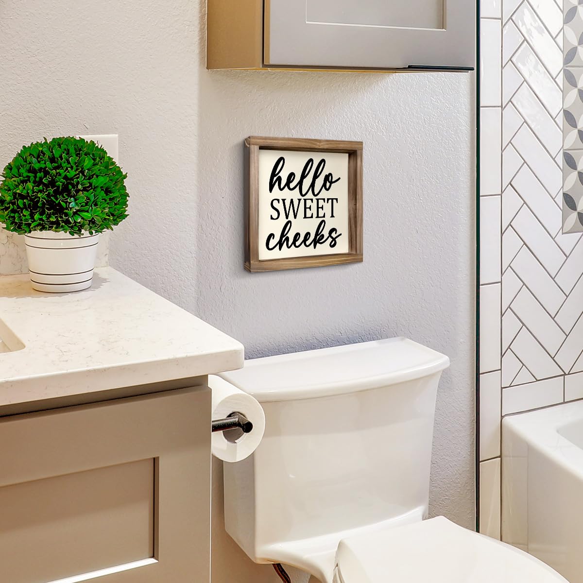 Kas Home Rustic Farmhouse Bathroom Decor - Cute 'Hello Sweet Cheeks' Wooden Sign, Funny Wall Hanging Plaque for Restroom, Toilet Shelves Accessory, Ideal for Apartment & Home Kas Home